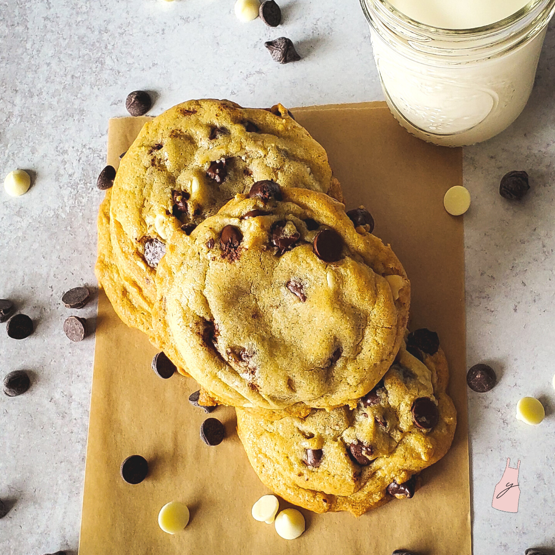 Our Triple Chocolate Chip Cookies are buttery cookies filled with semi-sweet, dark, and white chocolate chips.